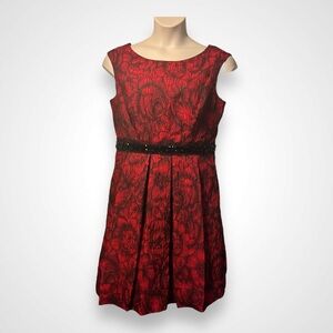 Eliza J Red Floral Brocade Fit&Flare Sleeveless Dress Embellished Waist Women's